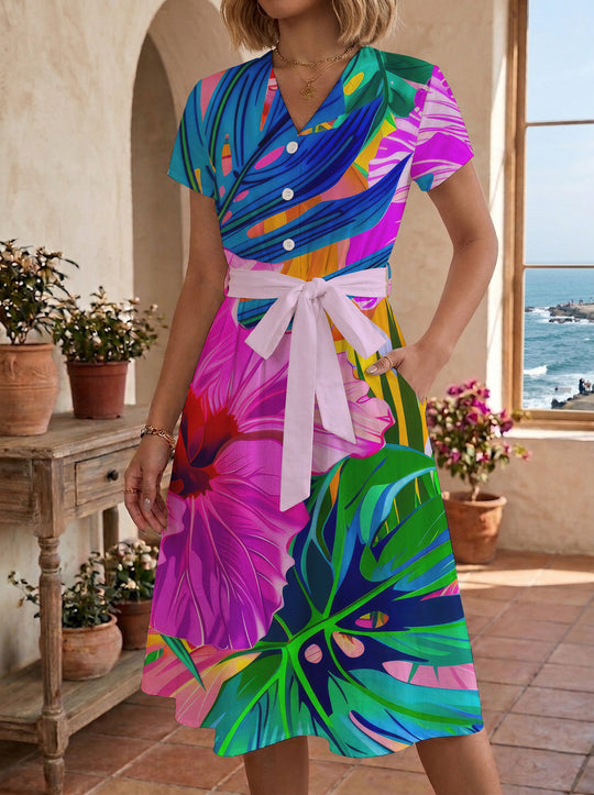 Damen Midikleid mit farbenfrohem Blumendesign und taillierbarem Bindegürtel EB
