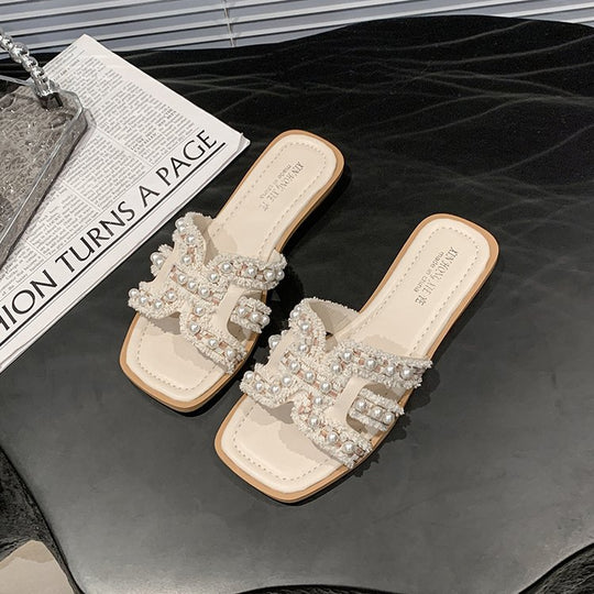 Damen elegante Mules mit Perlenverzierung EB