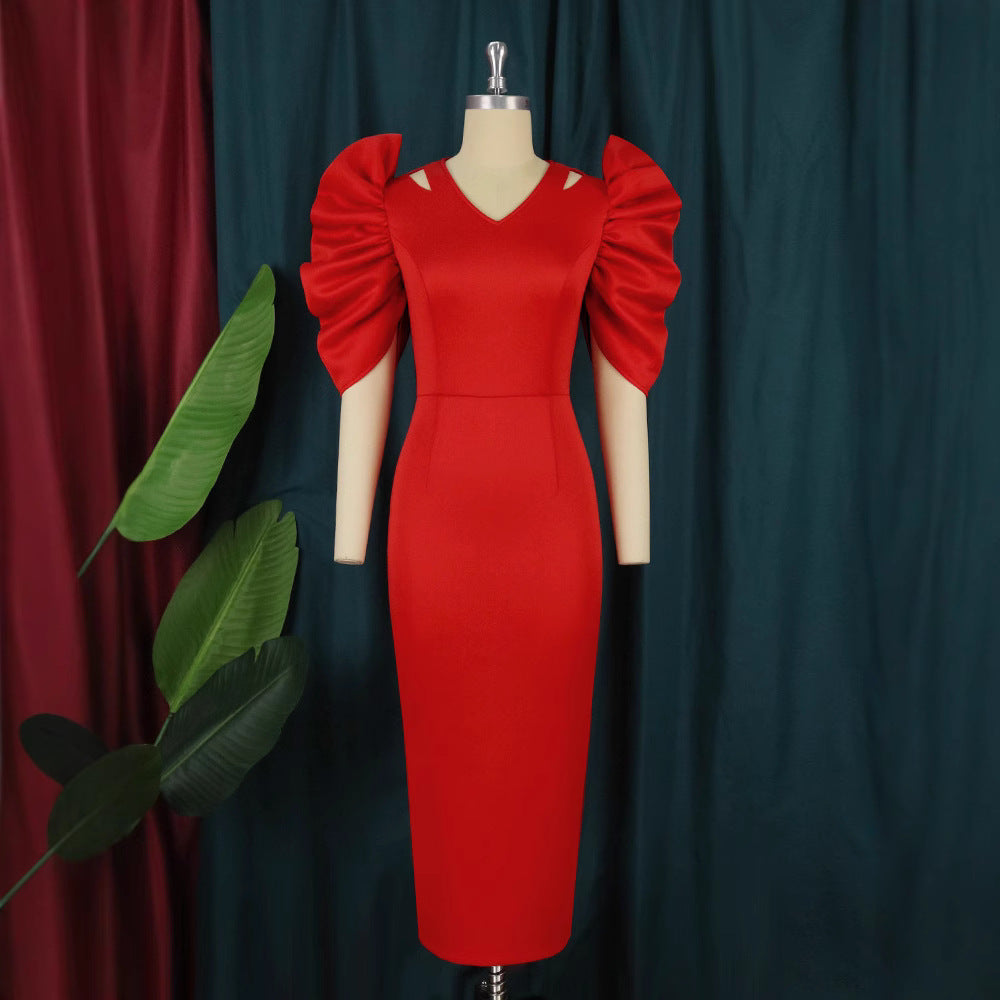 Damen Elegantes Midi-Kleid mit voluminösen Puffärmeln EB