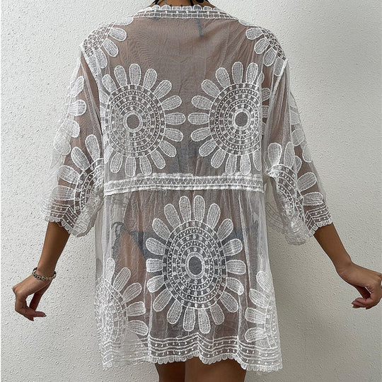 Damen Luftiger Häkel-Strandüberwurf mit floralen Motiven EB