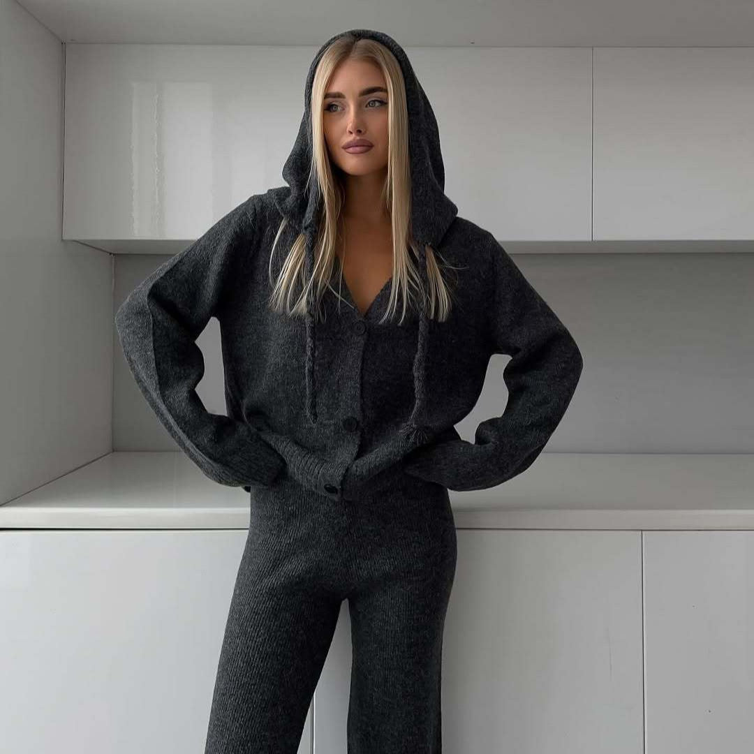 Damen kuscheliges Feinstrick-Cardigan-Set mit V-Ausschnitt und hochgeschnittener Schlaghose EB