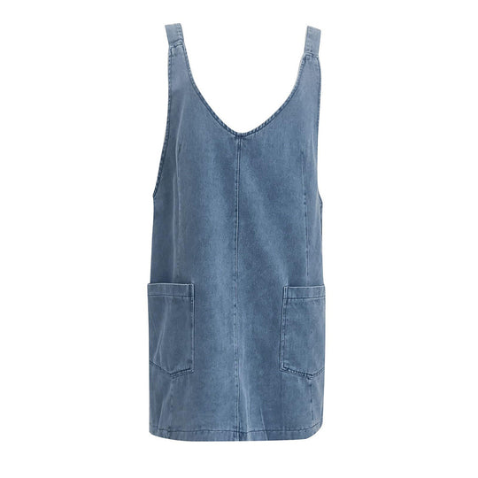 Damen lässiges Freizeitleinenkleid mit tiefem Ausschnitt und großen Taschen EB