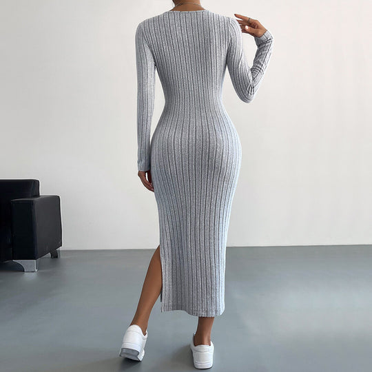Damen figurbetontes Rippenstrick-Midikleid mit schmaler Silhouette, Rundhalsausschnitt und seitlichem Oberschenkelschlitz Eichborn Berlin