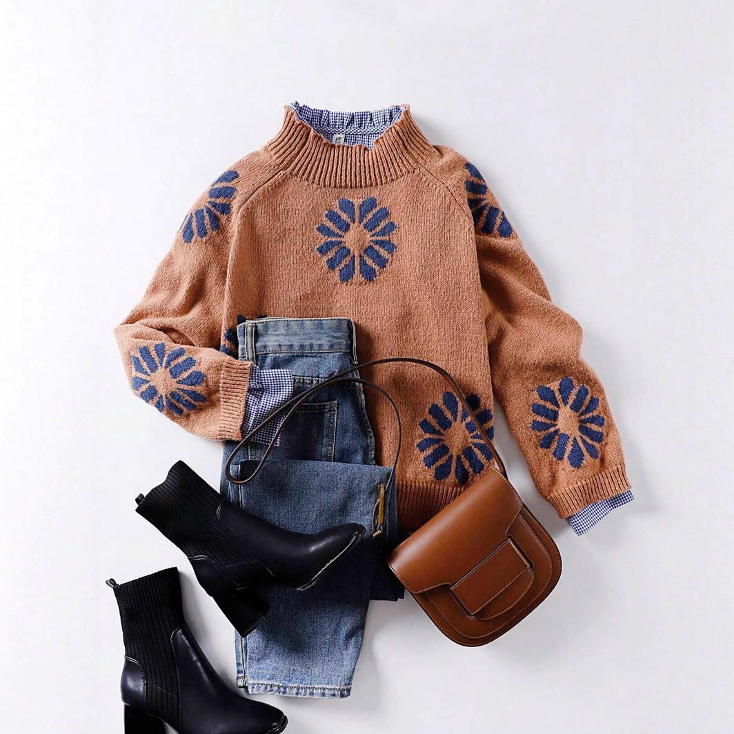 Damen Strickpullover mit floralem Motiv und modernem Rundhalsausschnitt EB