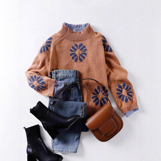 Damen Strickpullover mit floralem Motiv und modernem Rundhalsausschnitt EB