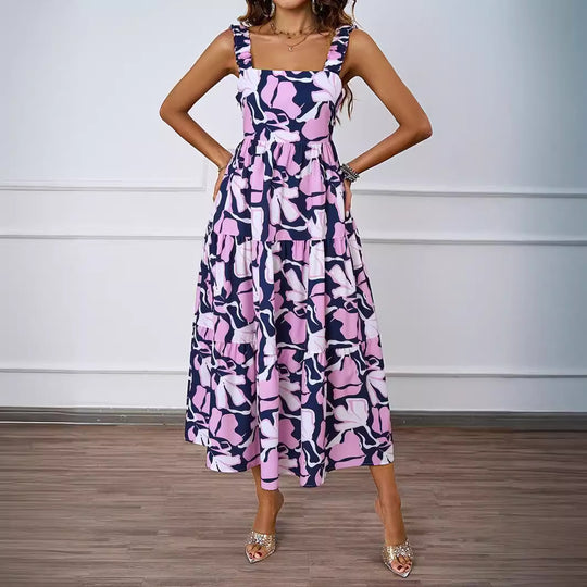 Damen Maxikleid mit verspieltem Rüschendesign und gemustertem Oberteil EB