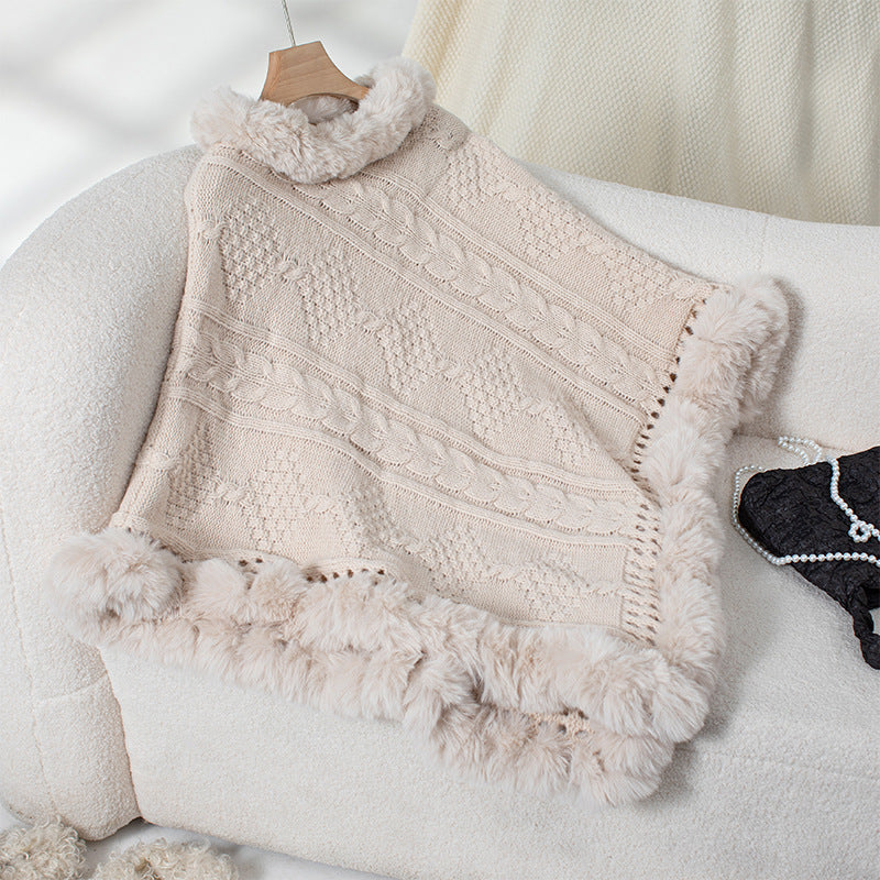 Damen kuscheliger Strickponcho mit samtigem Fellbesatz EB