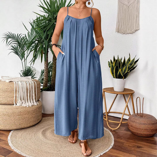 Damen luftiger Jumpsuit mit schmalen Spaghettiträgern und seitlichen Taschen EB