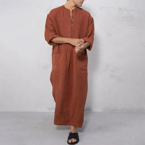 Herren nan weites langes Tunika-Kaftan aus atmungsaktivem Leinen mit Stehkragen Knopfblende und aufgesetzten Taschen EB