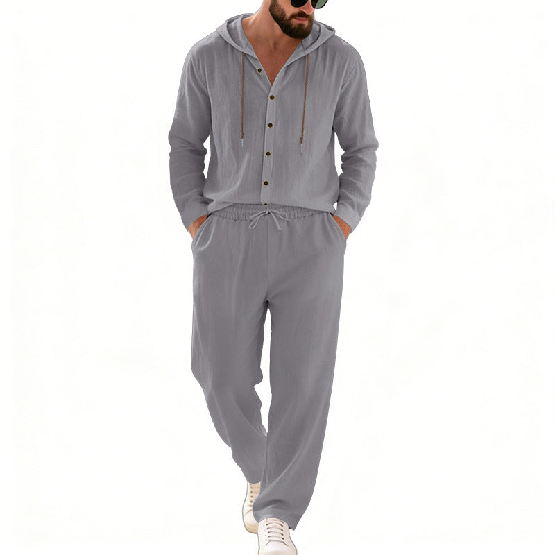 Herren nan legeres Kapuzen-Lounge-Set mit Knopfleiste, Kordelbundhose und seitlichen Eingrifftaschen EB