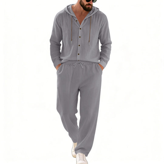 Herren nan legeres Kapuzen-Lounge-Set mit Knopfleiste, Kordelbundhose und seitlichen Eingrifftaschen EB