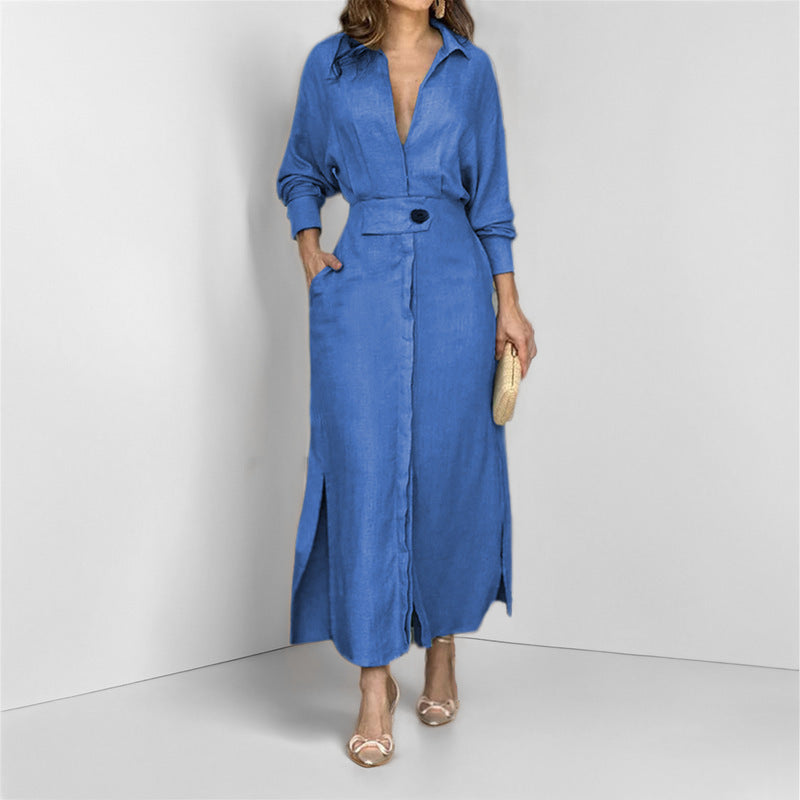 Damen elegantes Hemdblusenkleid mit Taillengürtel und seitlichen Schlitzen EB
