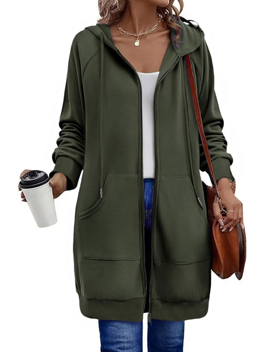 Damen Lange Kapuzenjacke mit Reißverschluss und praktischen Taschen EB