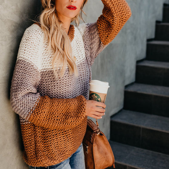 Damen lässiger Pullover mit weitem Schnitt und modischem Farbblockdesign EB