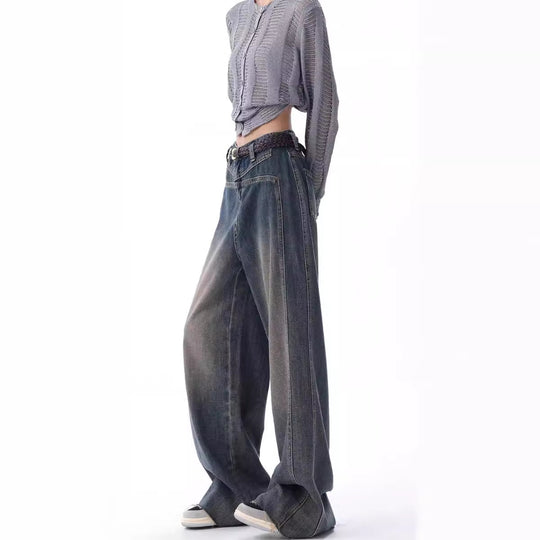 Damen Weite High-Waist Jeans mit lässigen Falten und modischem Design EB