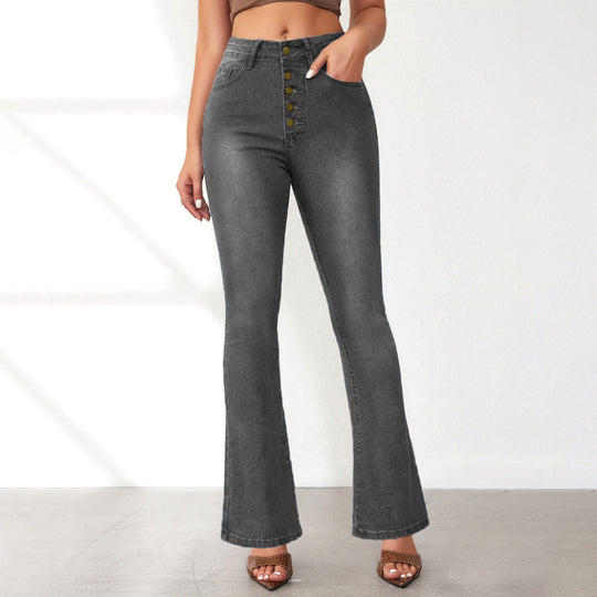 Damen Flared Jeans mit hohen Bund und modischen Knopfdetails EB