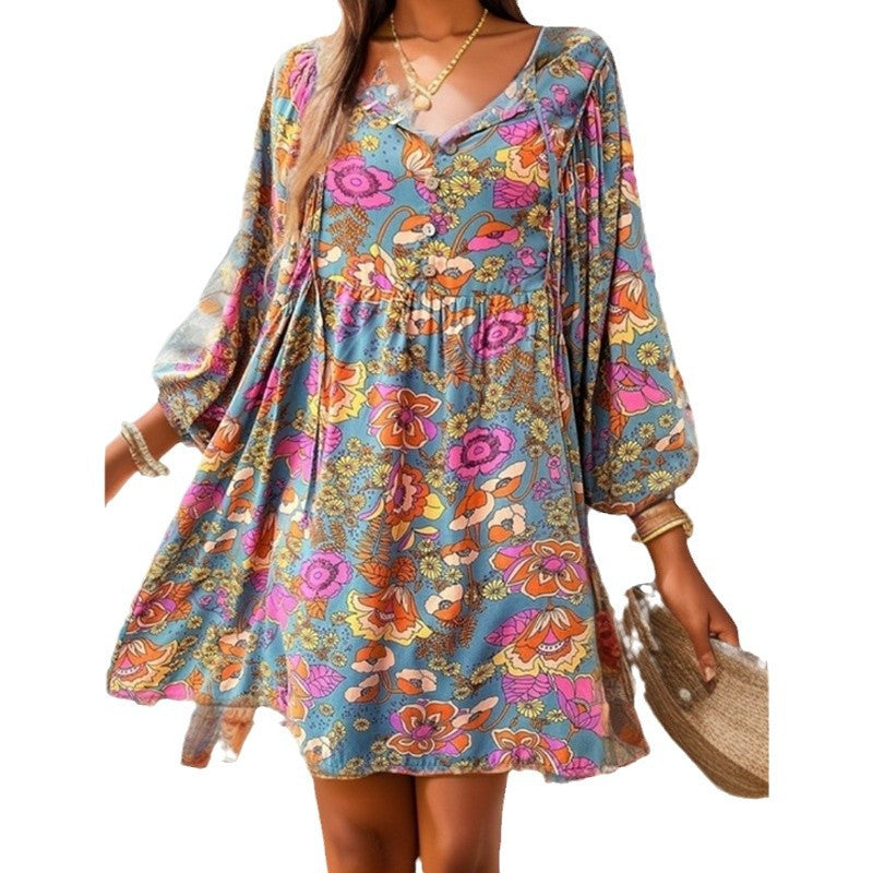 Damen lässiges Freizeitkleid mit lockerer Passform und buntem Blumendesign EB