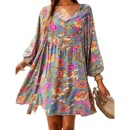 Damen lässiges Freizeitkleid mit lockerer Passform und buntem Blumendesign EB