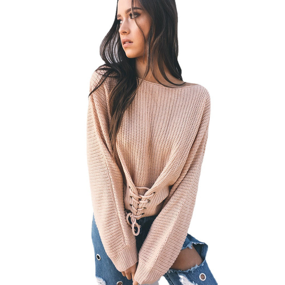 Damen lässiger Strickpullover mit extravaganten Schnürdetails EB