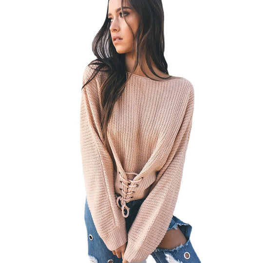 Damen lässiger Strickpullover mit extravaganten Schnürdetails EB