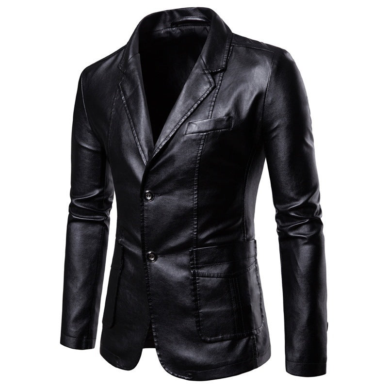 Herren Figurbetonter Lederoptik-Blazer mit Hemdkragen und Zwei-Knopf-Front EB