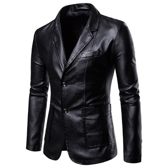 Herren Figurbetonter Lederoptik-Blazer mit Hemdkragen und Zwei-Knopf-Front EB