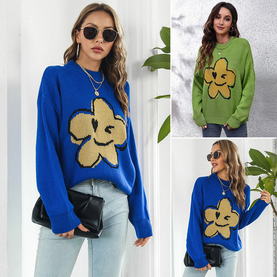 Damen Strickpullover mit verspieltem Blumenmotiv EB