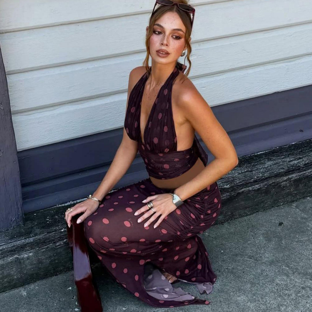 Damen Elegantes Maxikleid im Polka-Dots Design mit tiefem V-Ausschnitt und taillierter Silhouette EB