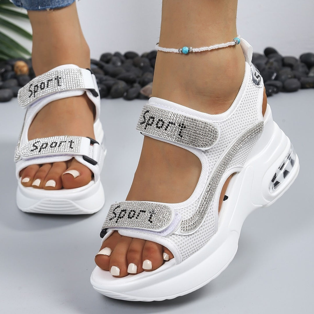 Damen Sportliche Plateausandalen mit Mesh-Obermaterial, Klettverschluss und Ziersteinen EB