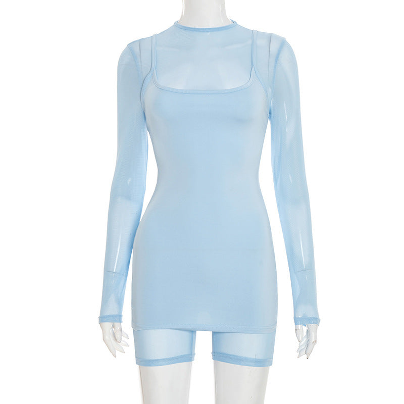 Damen Körperbetontes Longsleeve-Overall mit transparenten Ärmeln und figurformendem Schnitt EB