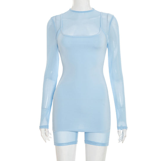 Damen Körperbetontes Longsleeve-Overall mit transparenten Ärmeln und figurformendem Schnitt EB