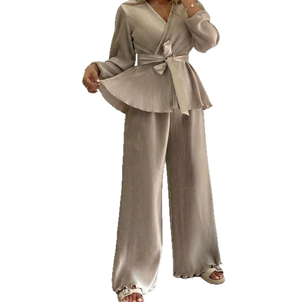 Damen Eleganter Plissee-Zweiteiler mit Wickelshirt, Taillengürtel und weitem Bein EB