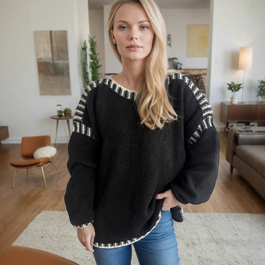 Damen lässiger Oversized-Pullover mit modischem Streifenmuster und strukturiertem Design EB