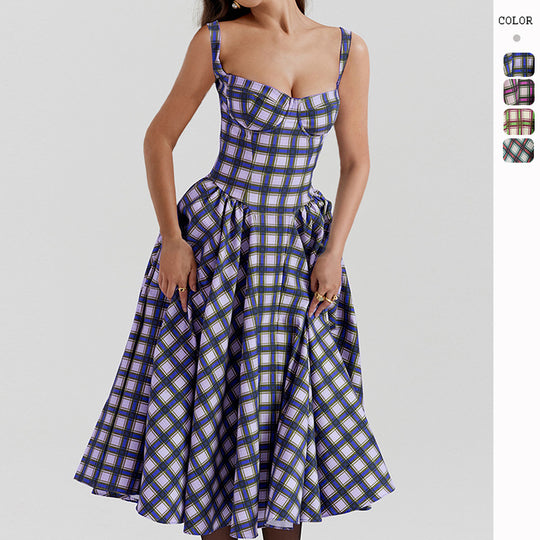 Damen Midikleid im Karomuster mit strukturiertem Oberteil und voluminösem Rock EB