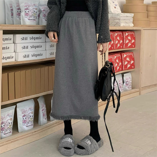 Damen Modischer Midi-Rock mit Fransensaum EB