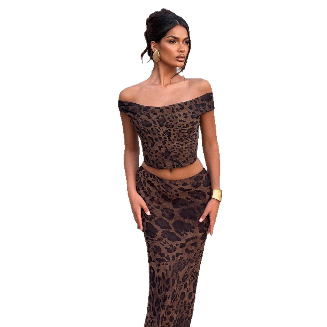 Damen Elegantes Set aus Crop-Top und Maxirock mit Leopardenmuster EB