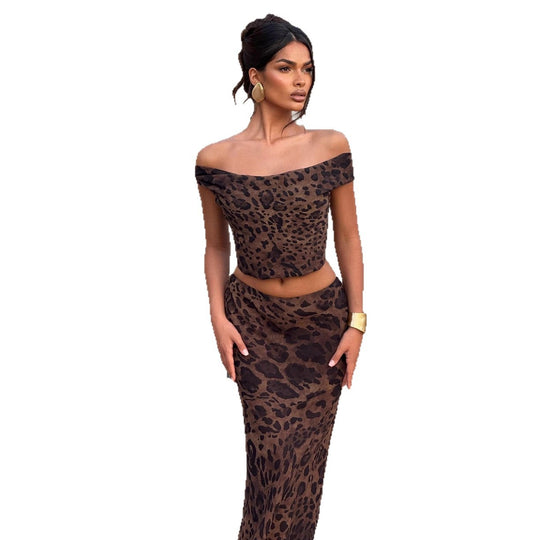 Damen Elegantes Set aus Crop-Top und Maxirock mit Leopardenmuster EB