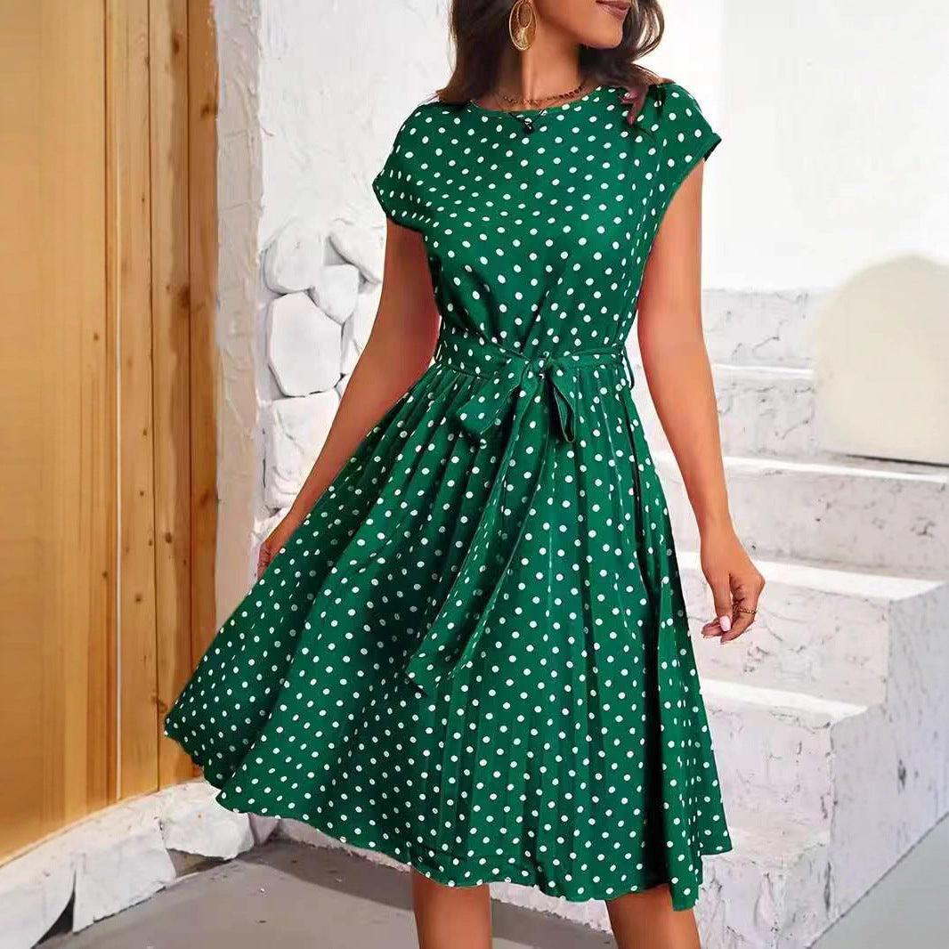 Damen Midikleid mit taillierendem Bindegürtel und verspieltem Polka-Dots Design EB
