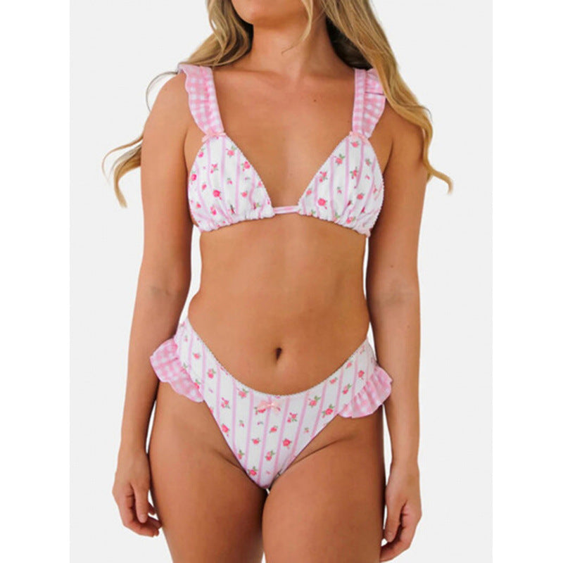 Damen Triangel-Bikini mit floralem Design und Rüschendetails EB