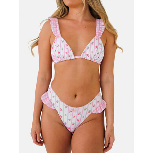 Damen Triangel-Bikini mit floralem Design und Rüschendetails EB