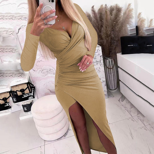 Damen elegantes Wickelkleid mit langen Ärmeln und Seitenschlitz EB