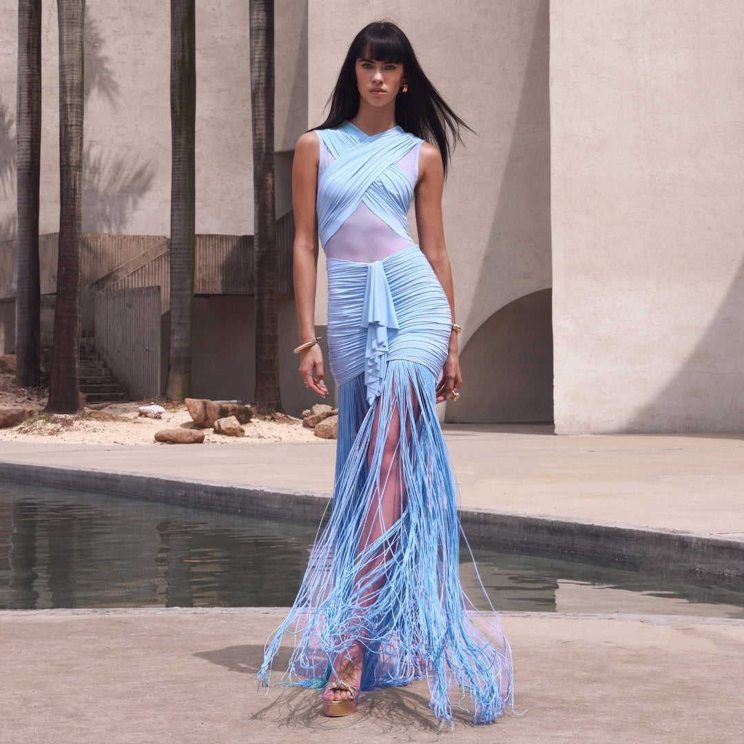 Damen Maxikleid mit raffinierten Drapierungen und fließendem Schnitt EB