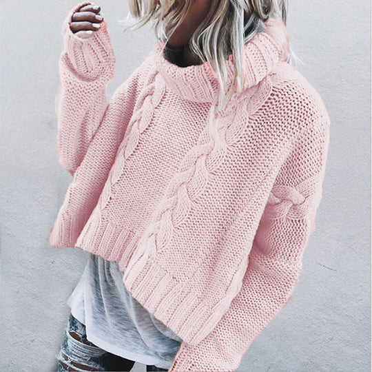Damen Grobstrickpullover mit hohem Kragen und verspieltem Zopfmuster EB