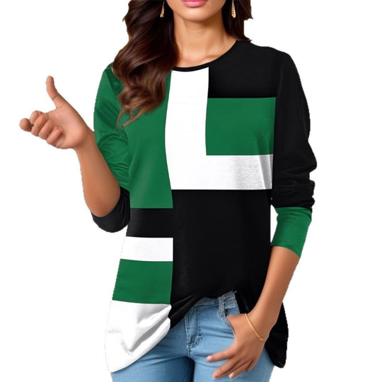 Damen nan geometrisches Colorblock Longsleeve-Tunika-Oberteil mit Rundhalsausschnitt und asymmetrischem Saum EB