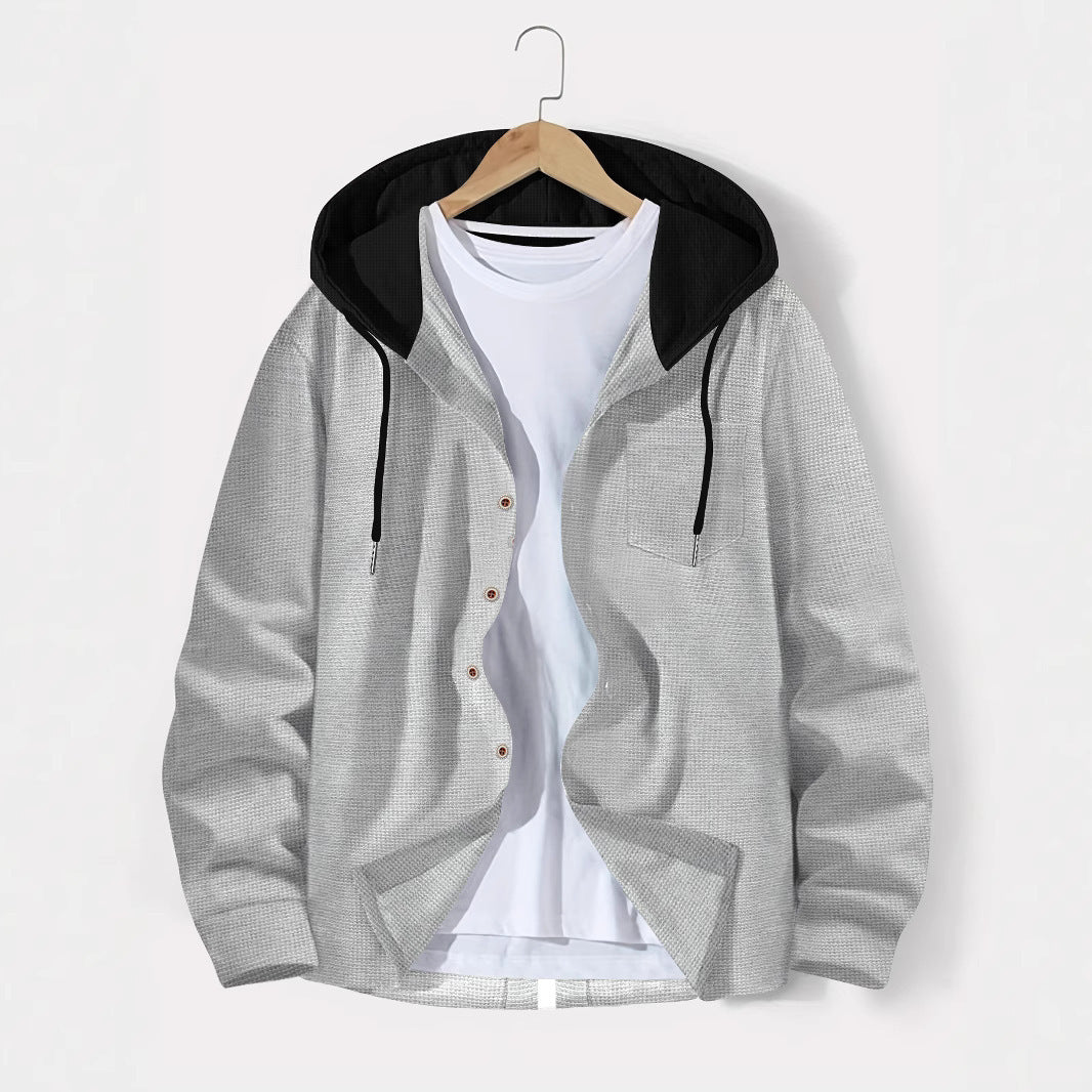 Herren nan leichtes Utility-Hoodie-Überhemd mit Kontrastkapuze, Knopfleiste und Brusttasche EB