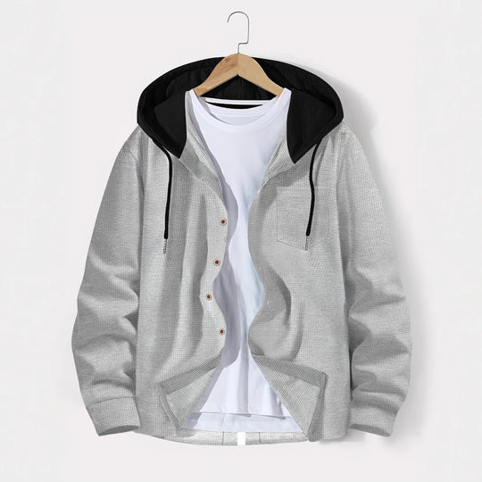 Herren nan leichtes Utility-Hoodie-Überhemd mit Kontrastkapuze, Knopfleiste und Brusttasche EB