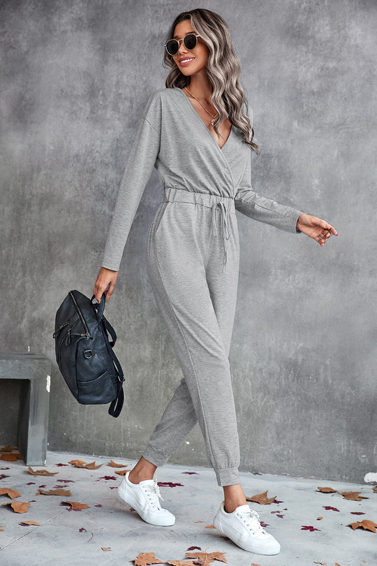 Damen Lässiger Langarm-Jumpsuit mit Wickeloberteil und elastischem Bund EB