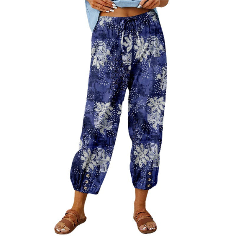 Damen Elegante Sommerhose mit floralem Muster und lockerem Schnitt EB