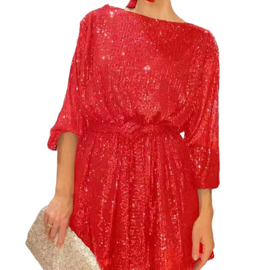 Damen Glitzerndes Minikleid mit langen Ärmeln und schimmerndem Oberstoff EB