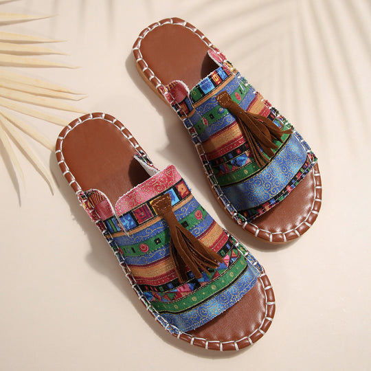 Damen Lifestyle Pantoletten mit verspieltem Tassel-Design und buntem Webmuster EB